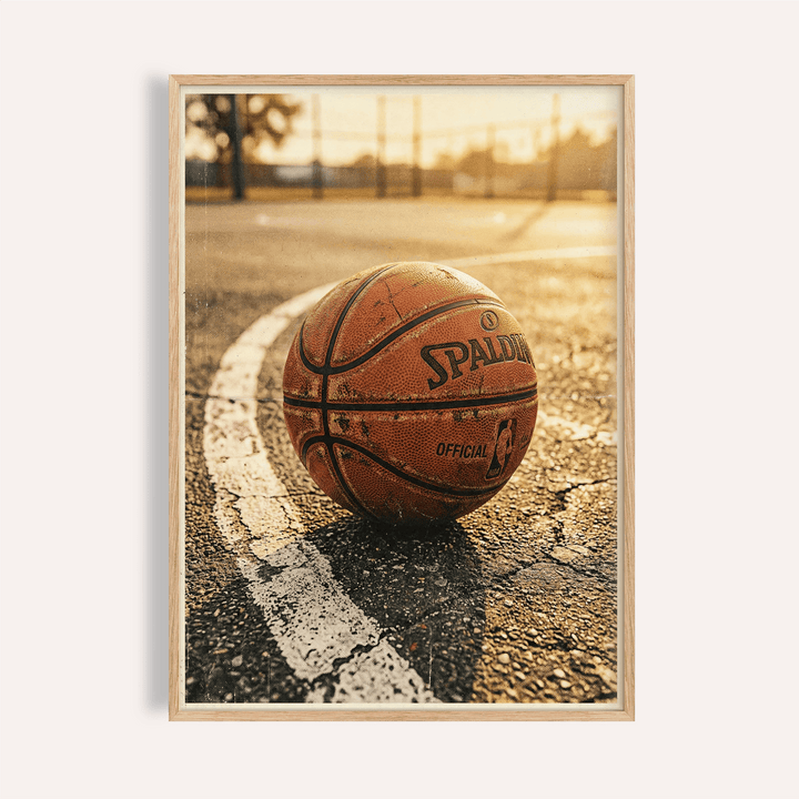 Framed close-up of a worn basketball on an outdoor court with a sunlit background