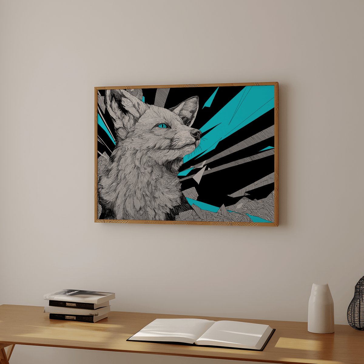 Retro Fox Art Print framed print close-up with blue and grey line-art above a wooden desk