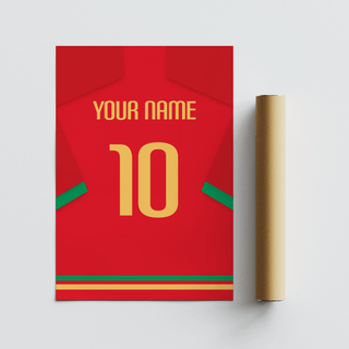 Detail close-up of football shirt poster in red with green trim and yellow number beside a brown packaging tube