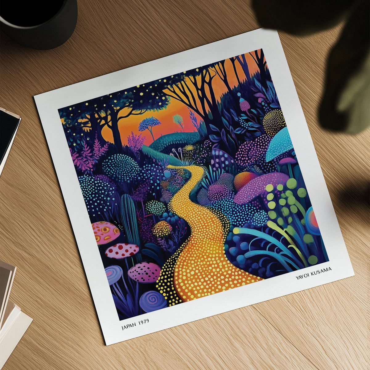 Polka Dot Pop Art showing a golden dotted forest path with vibrant purple and blue foliage on a wooden desk