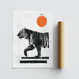 Indian Tiger Print of a walking tiger with black stripes and an orange sun with a packaging tube