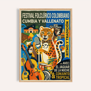 Framed Colombian Music Art Print showing a jaguar with musical instruments in retro folk-art style