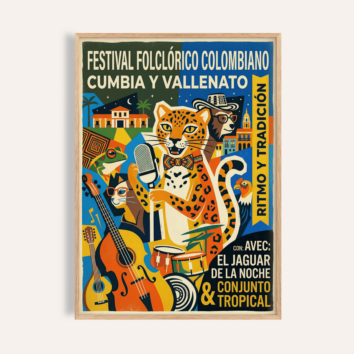 Framed Colombian Music Art Print showing a jaguar with musical instruments in retro folk-art style