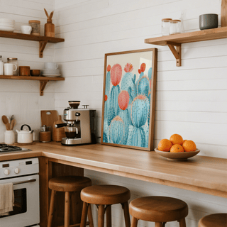 Colorful Cactus Print leaning on a kitchen counter with oranges nearby in a white kitchen