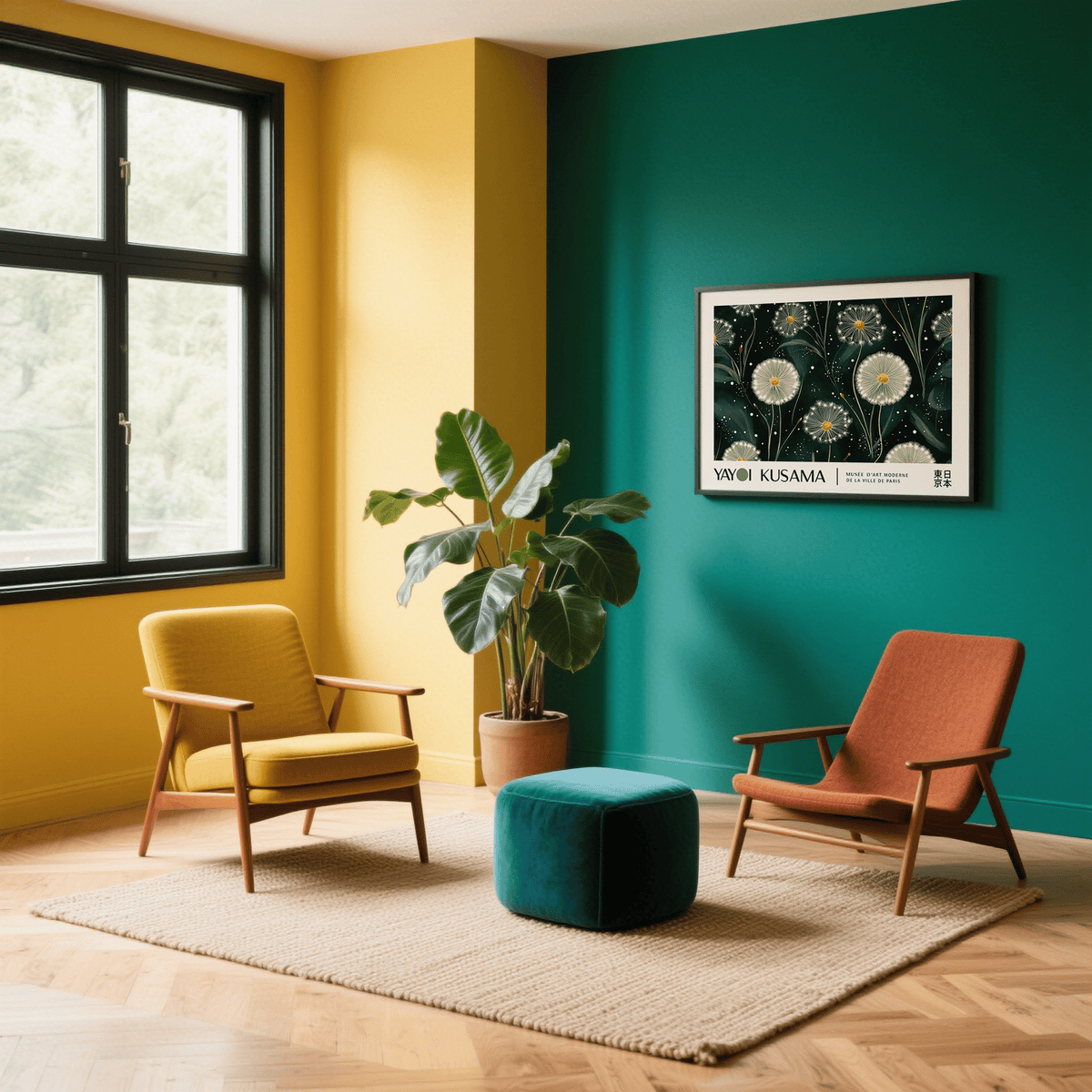 Emerald Green wall art of dandelion seed heads with white and yellow details on a dark green wall with a green pouffe