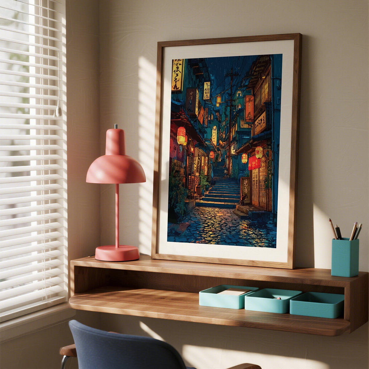 Print leaning on a shelf showing Japanese drawing of a rainy street in blue and red tones with a pink lamp nearby