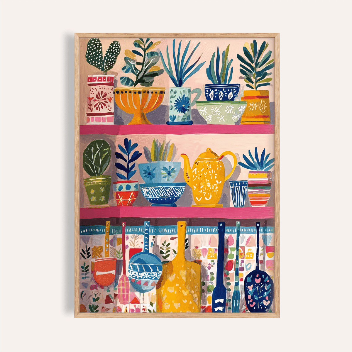 Boho Kitchen Print of colourful kitchen shelves with plants and utensils in an illustration style