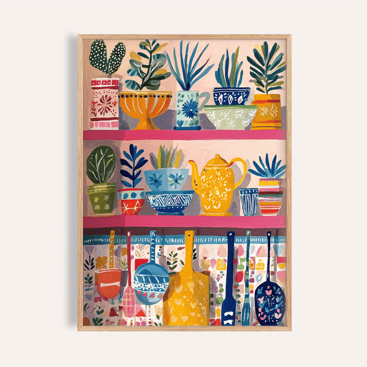Boho Kitchen Print of colourful kitchen shelves with plants and utensils in an illustration style