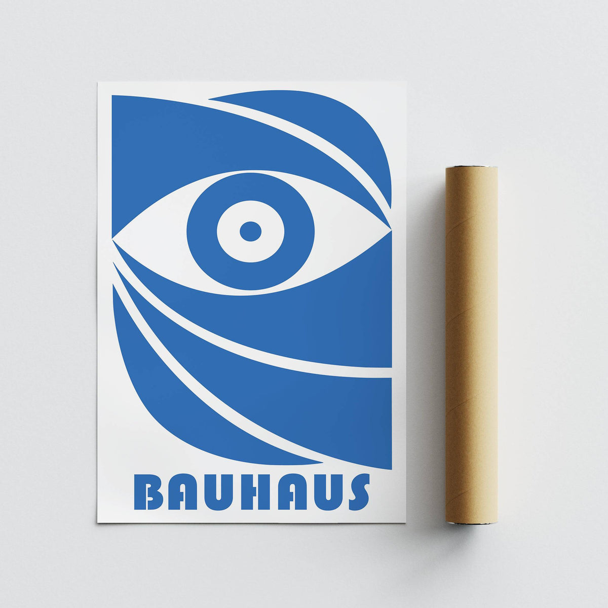 Bauhaus framed print featuring a stylised blue eye next to a brown packaging tube