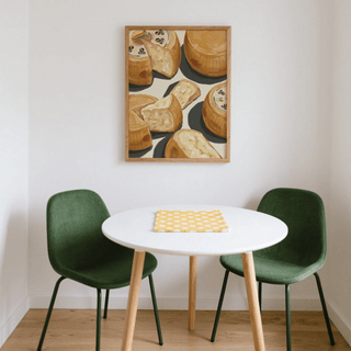 Parmegiano Reggiano Art print showing parmesan cheese wheels and pieces in warm tones above a white round table