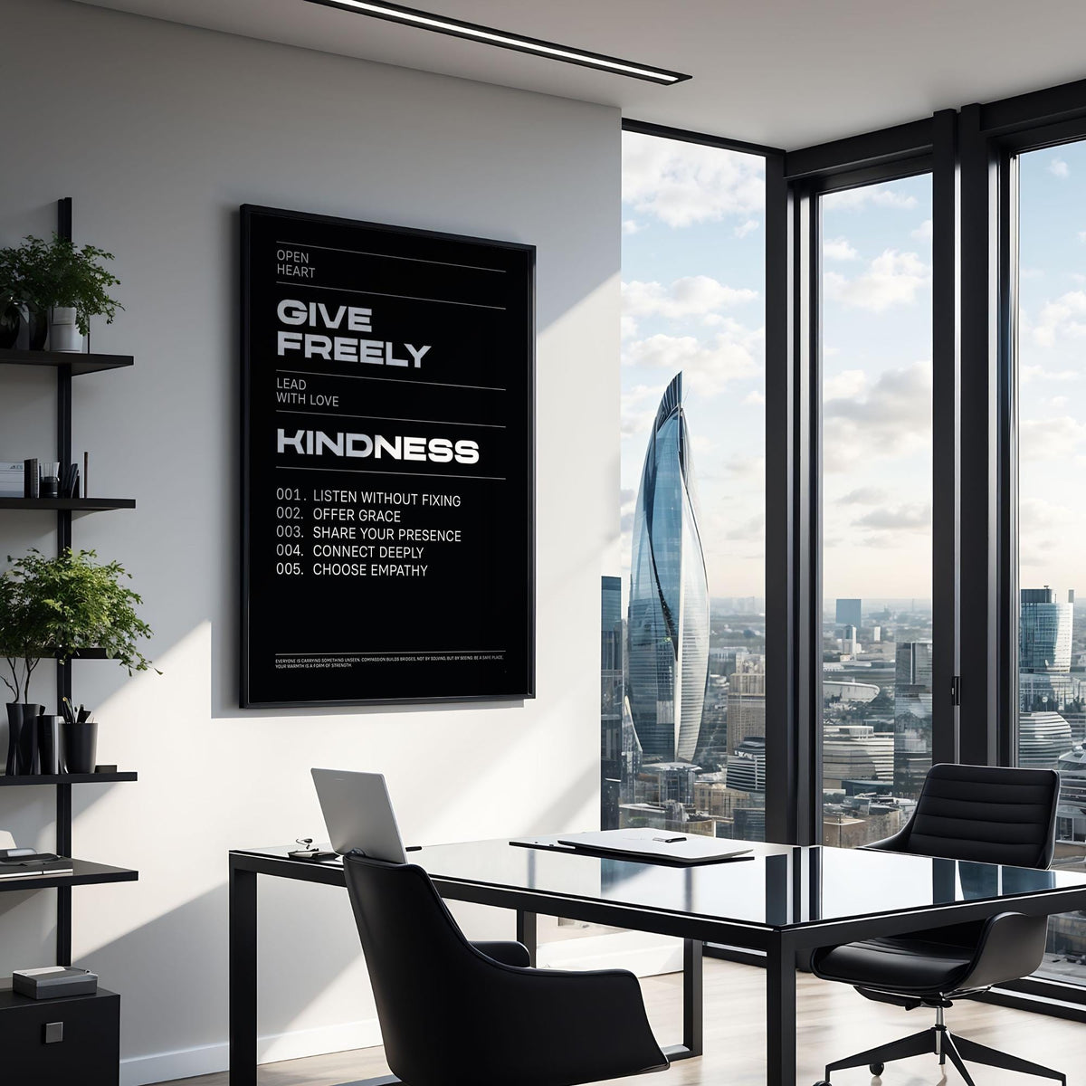 Art with Quote framed typographic poster in black and white on an office wall with a desk and shelves
