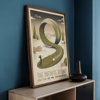 Framed Golf Club Art Print of infinite loop golf fairway in retro illustration style leaning on furniture with a vase