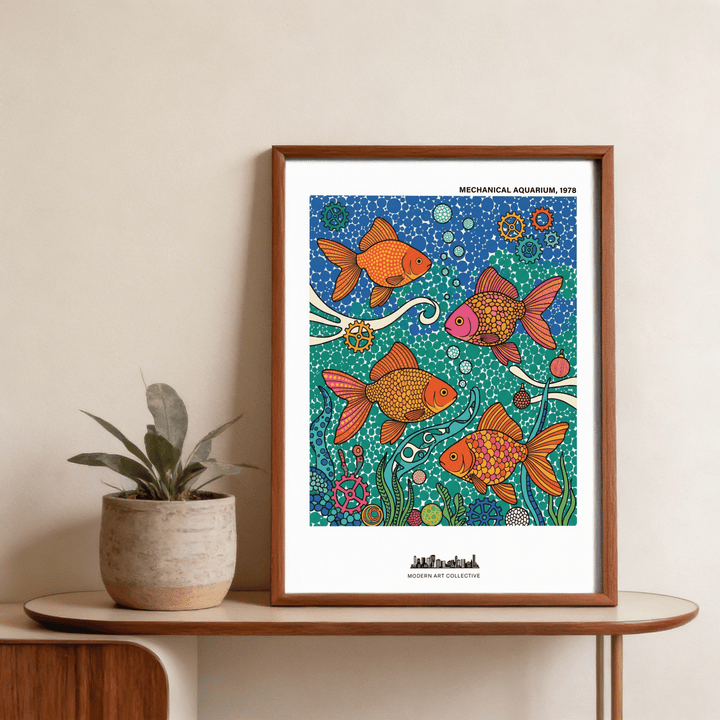 Fish poster framed close-up showing vibrant orange and pink goldfish with green and blue background on a wooden shelf next to a plant pot