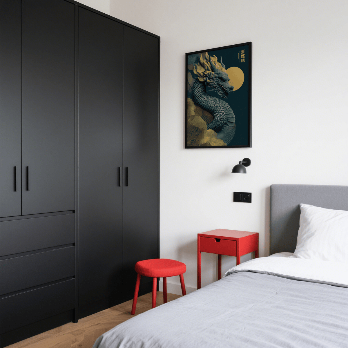 Chinese Dragon Art Print hung on a white wall in a bedroom with grey bed and black cupboard