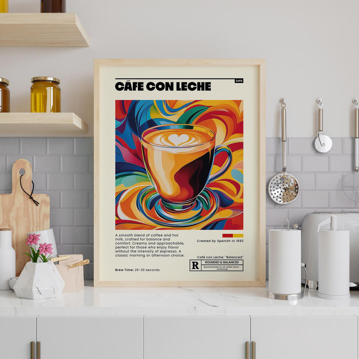 Cafe Con Leche Art framed print with colourful pop-art cup in a kitchen with jars and utensils