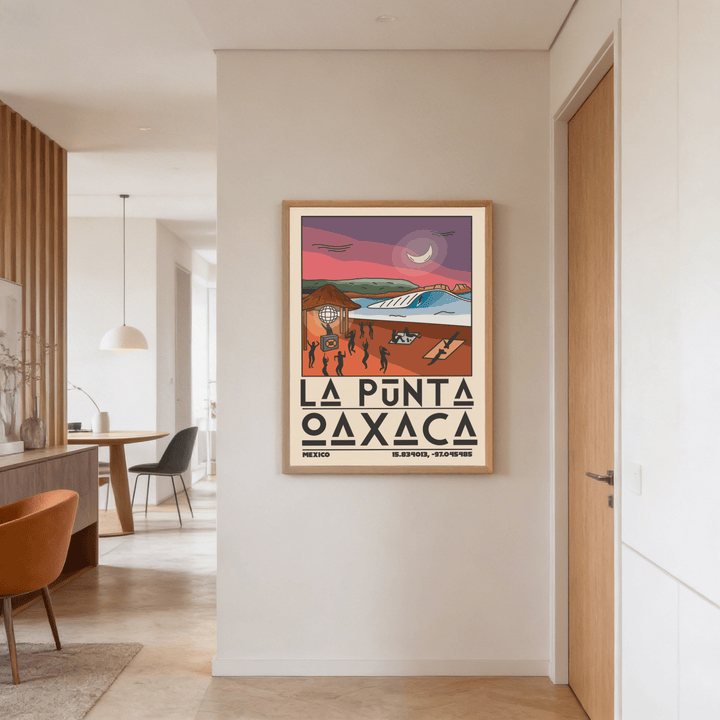 La Punta Oaxaca wall art of a minimalist sunset beach scene with purple and orange tones in a hallway