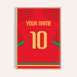 Football Shirt Poster in Red with Green Trim and Yellow Number