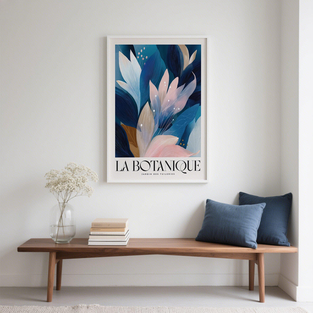 Abstract Botanical Art Print with blue and pink leaves above a wooden bench with cushions