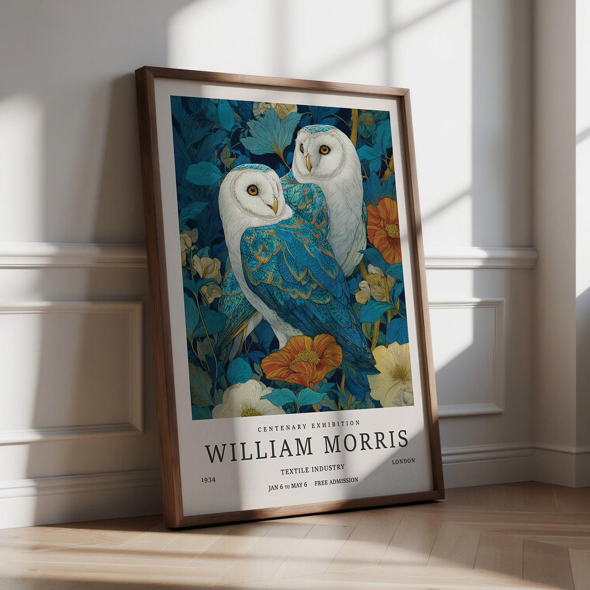 Print leaning on the floor of twin barn owls with blue and cream feathers among flowers