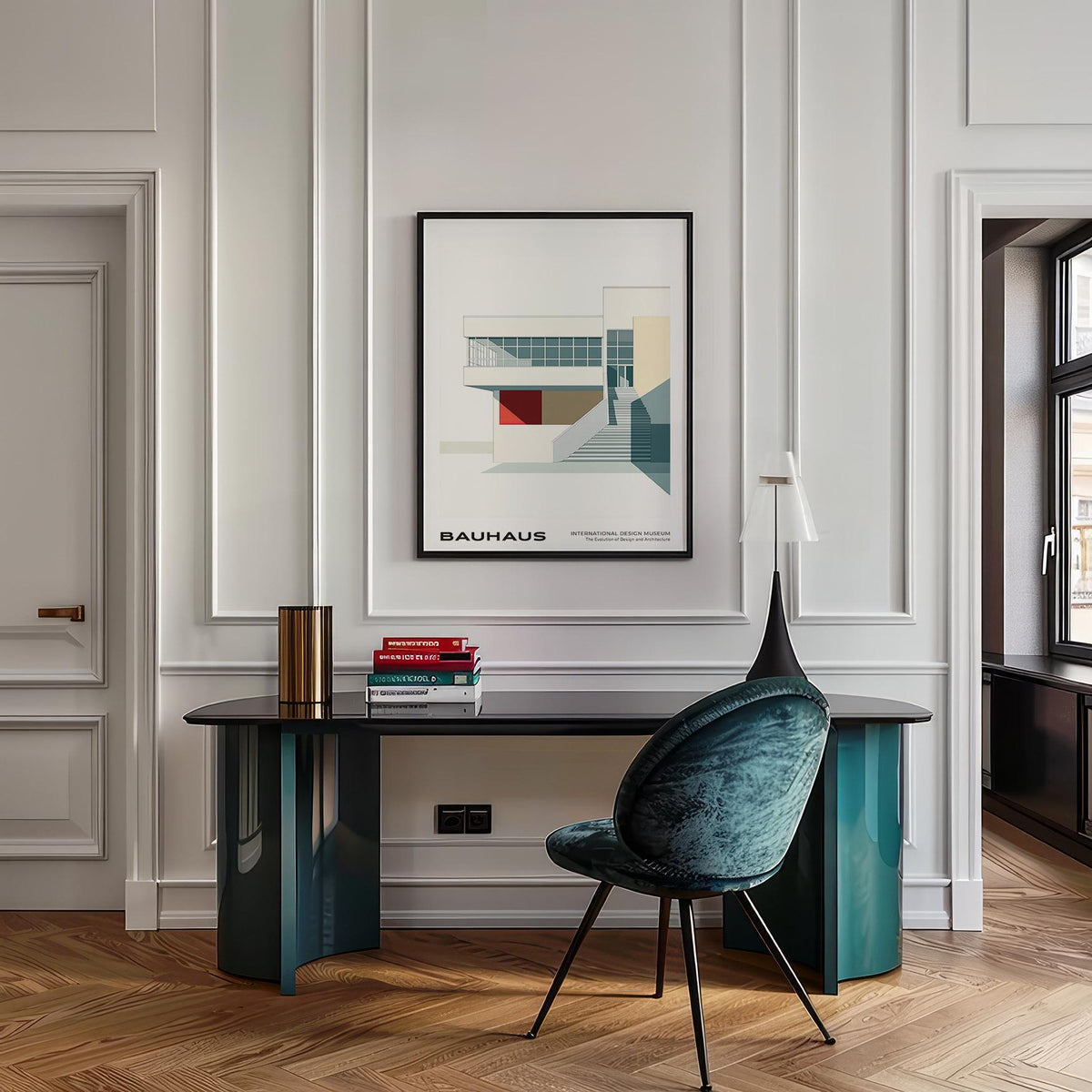 Architecture posters framed print of modern building stairs in minimalist style above desk with stacked books