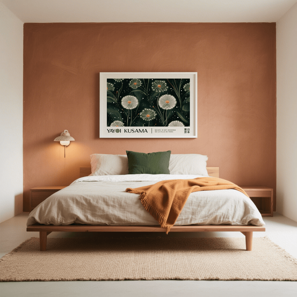 Emerald Green wall art of dandelion seed heads in a bedroom above a cushion