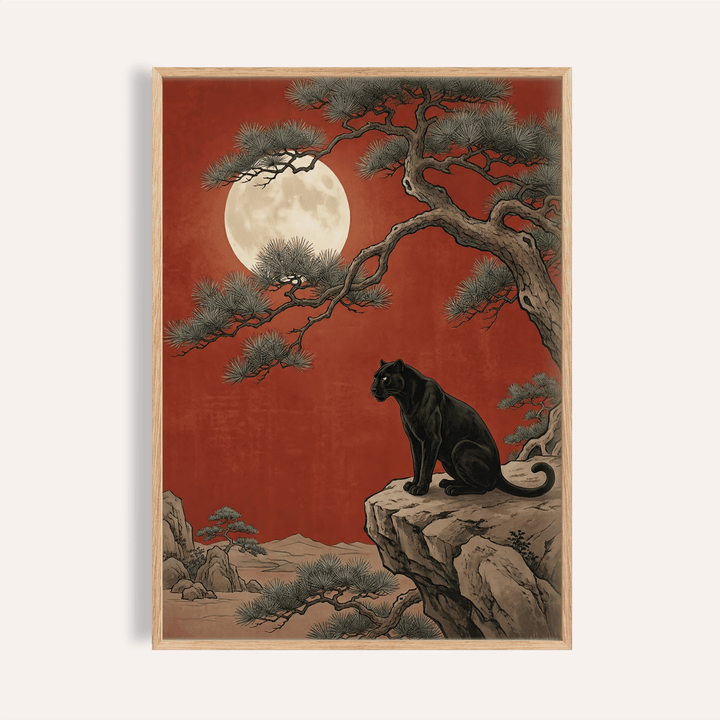Framed Black Panther Moon Print featuring a black panther on a cliff with a full moon and pine tree branch