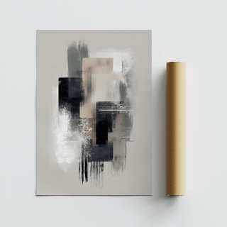 Large Wabi Sabi Print with abstract layered shapes in beige grey black next to a brown packaging tube