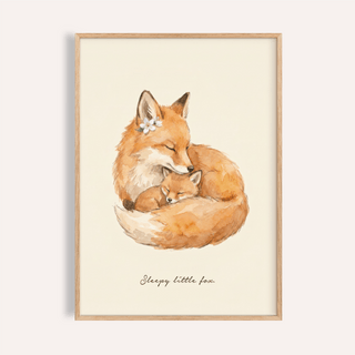 Framed sleepy fox art print showing a mother fox and kit in watercolour with a flower