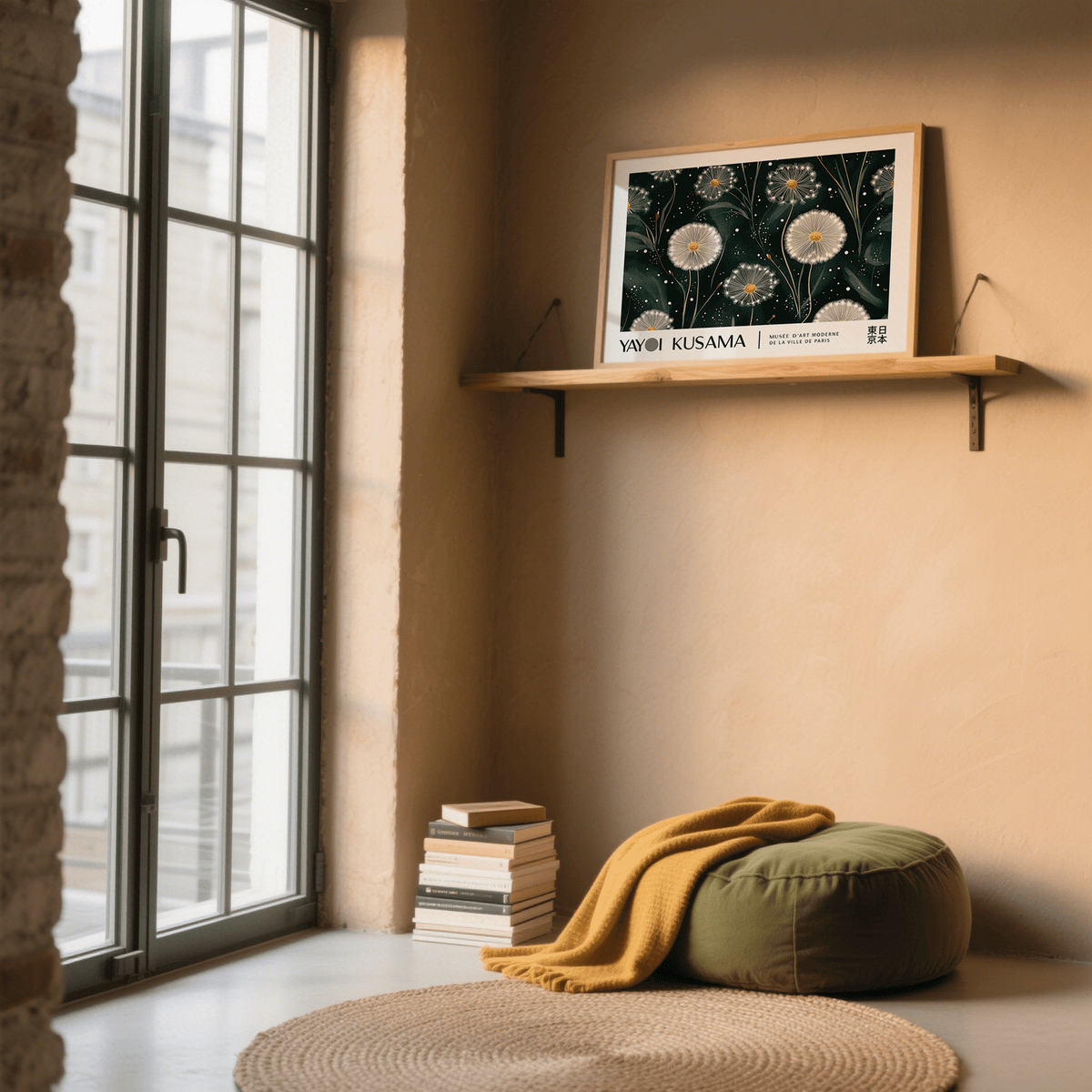 Print leaning on a shelf Emerald Green wall art illustration of dandelion seed heads above cushions