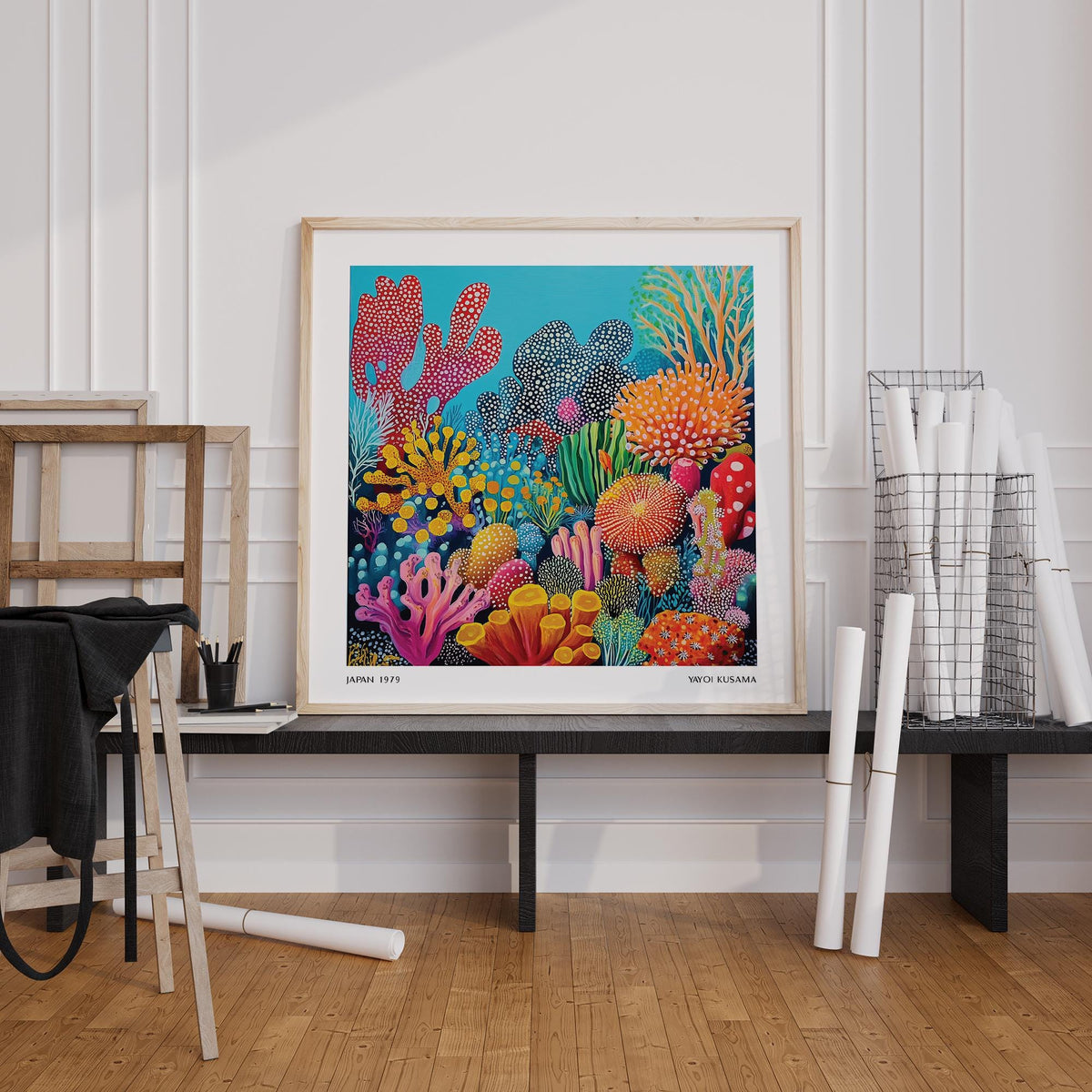 Colorful Ocean Picture print of an abstract coral reef with bright reds and yellows leaning on a bench with rolls of paper nearby