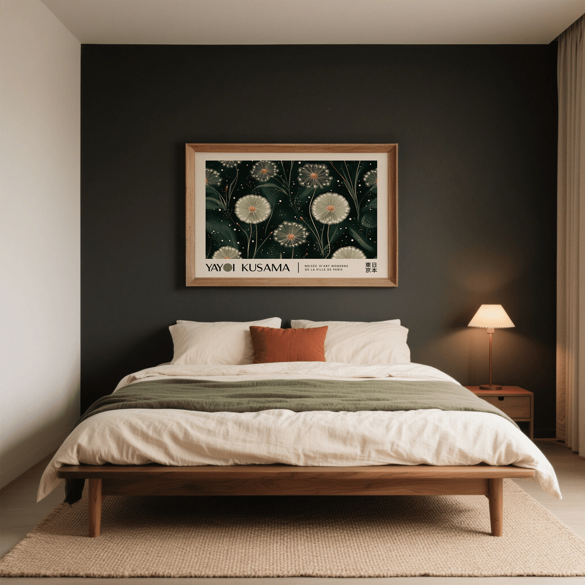 Emerald Green wall art with dandelion seed heads above a bed with white and green bedding and a bedside lamp