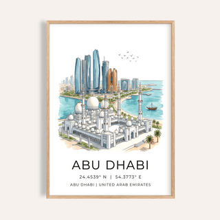Abu Dhabi Art Print framed close-up showing the skyline illustration in watercolour with blue and sandy tones