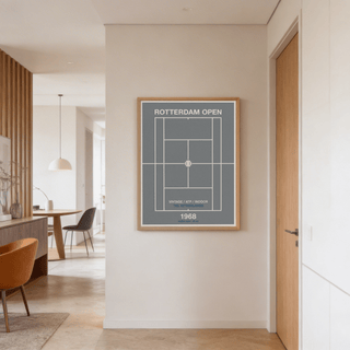 Print on a wall in a neat hallway showing a minimalist tennis court diagram in white on grey with a wooden frame