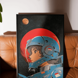 Framed Space Girl Art close-up of a female astronaut with a blue helmet and red planet background on a sofa