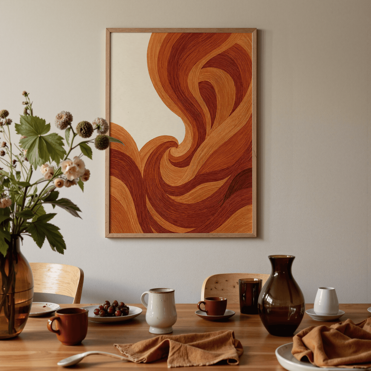 Abstract Wave Art Print on a dining room wall with brown and cream wave lines and ceramics on the table