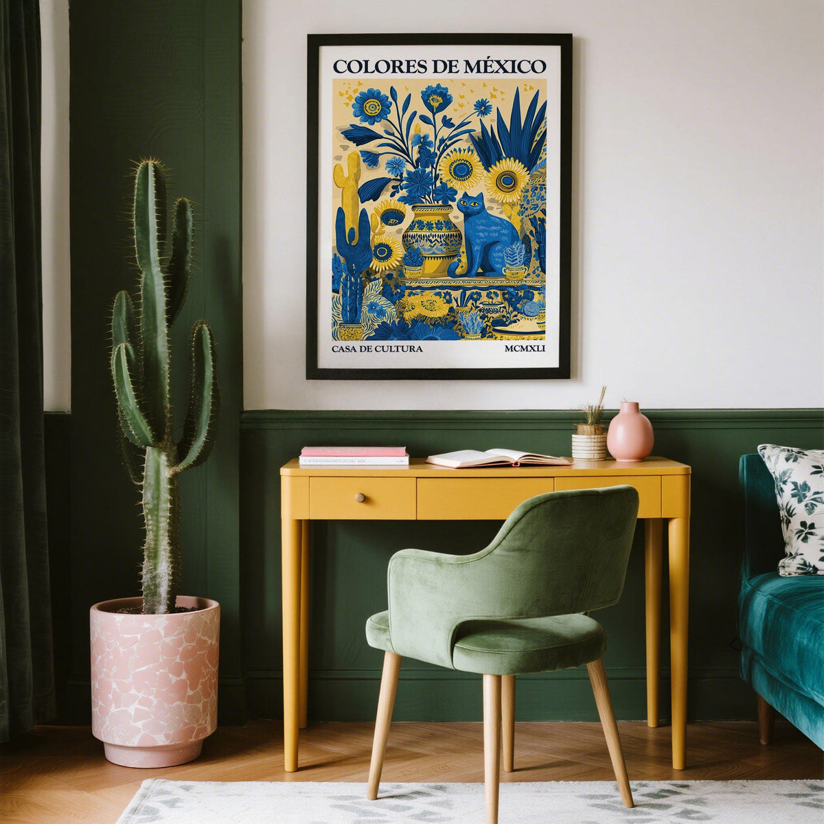 Otomi wall art of a blue cat with sunflowers above a yellow desk and green velvet chair