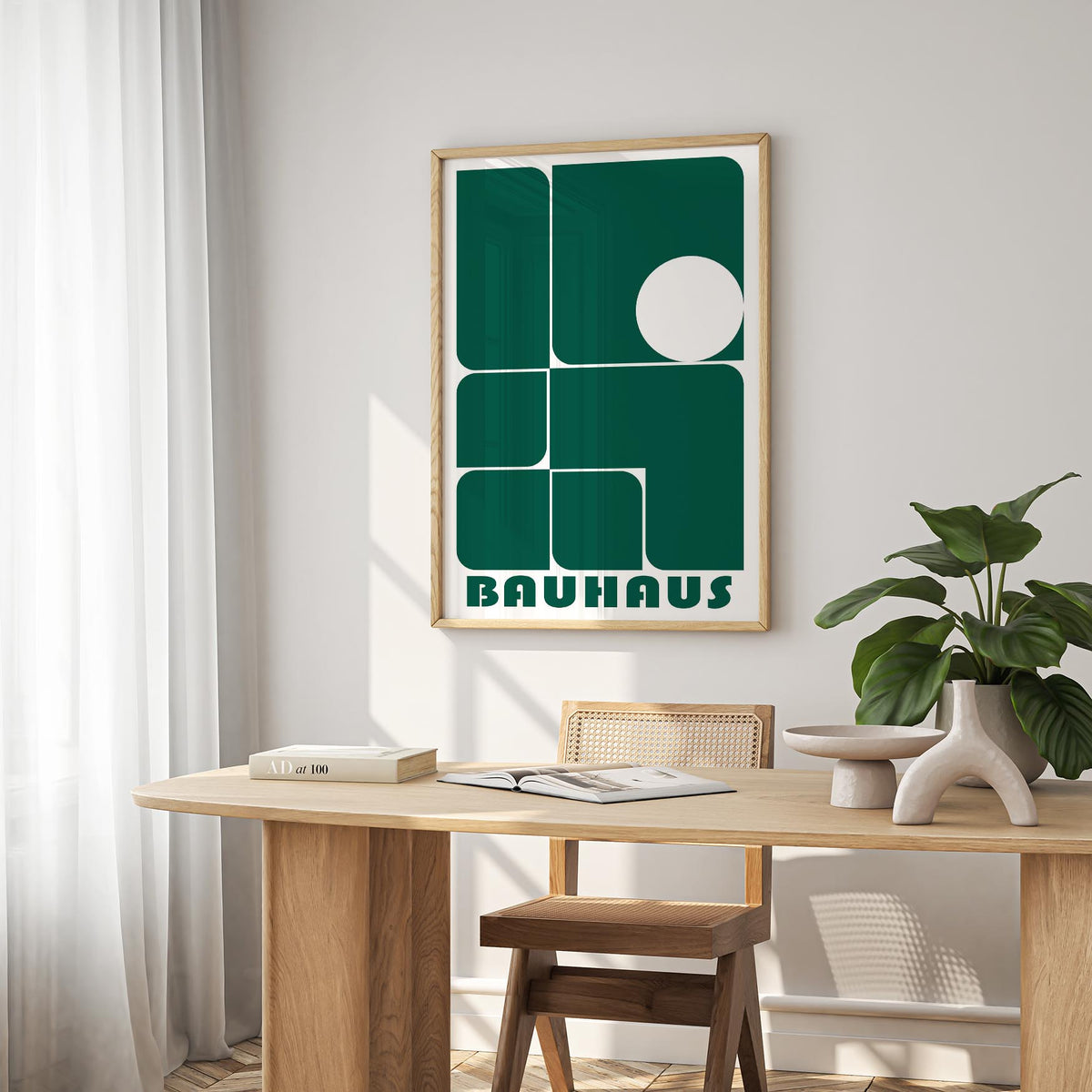 Art for Office wall art with green geometric shapes and white circle above a wooden desk with plants