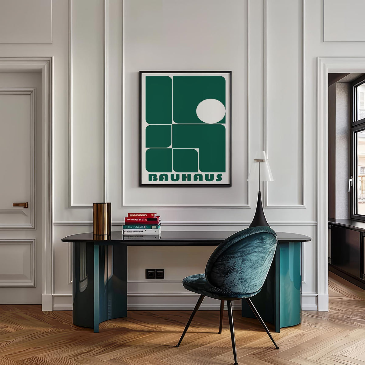 Art for Office framed print of green geometric shapes and white circle above a modern desk with a velvet chair