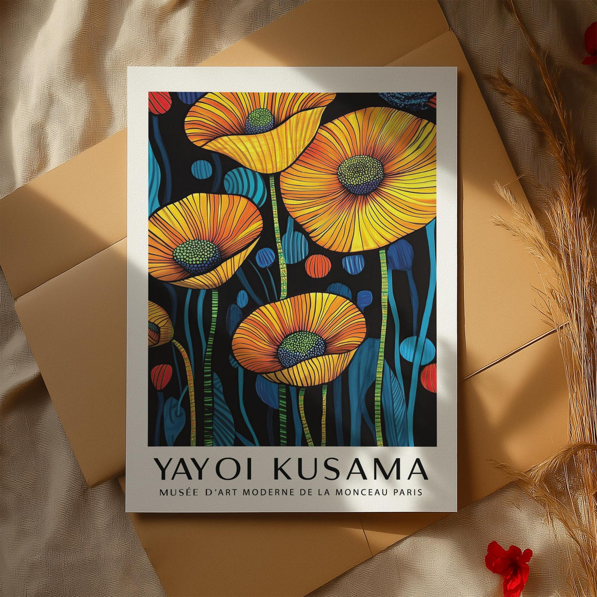 Art of Poppies print resting on kraft paper with decorative dried plants nearby