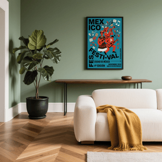 Print on a wall of a mariachi band in red and blue above a wooden console