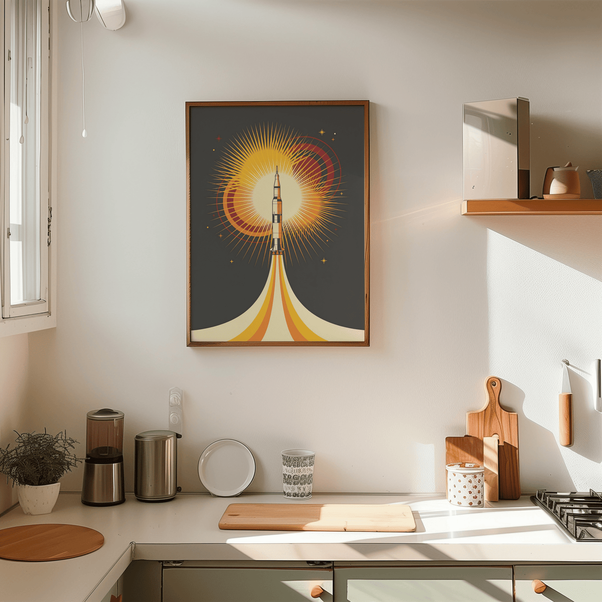 Rocket Launch Art Print framed on kitchen wall above countertop with wooden chopping boards