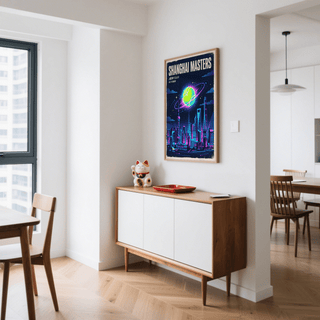 Print on a wall in a dining room featuring a neon tennis ball planet over a city skyline with a retro style