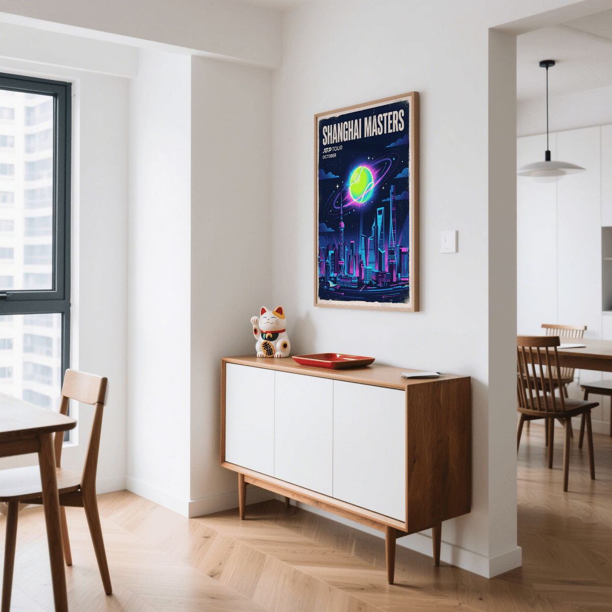 Print on a wall in a dining room featuring a neon tennis ball planet over a city skyline with a retro style
