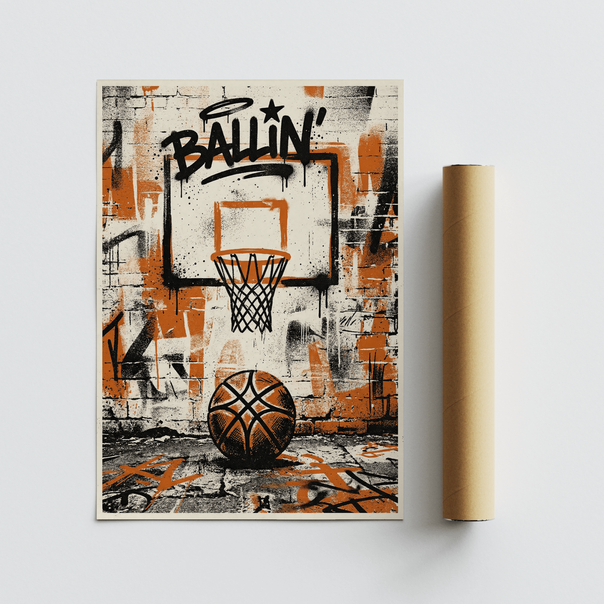 Urban Basketball Print of a basketball and hoop with graffiti style in orange and black next to a packaging tube