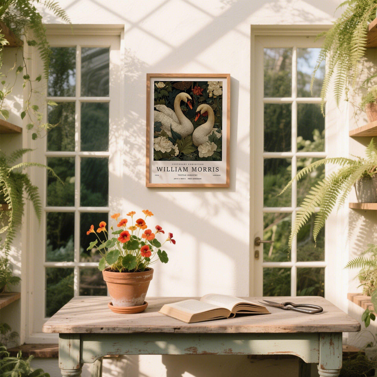 Swan wall art of a pair of swans with vintage botanical illustration style in a sunlit room above a rustic table