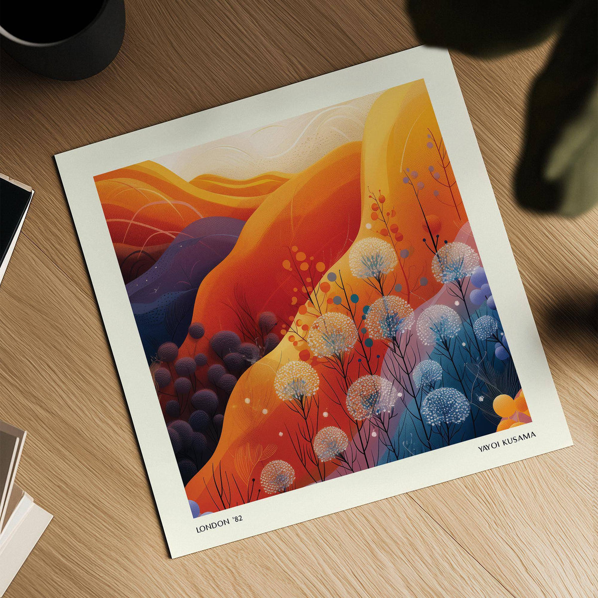 Art Print Square close-up of mountain landscape with dandelions in warm orange and blue shades on wood surface