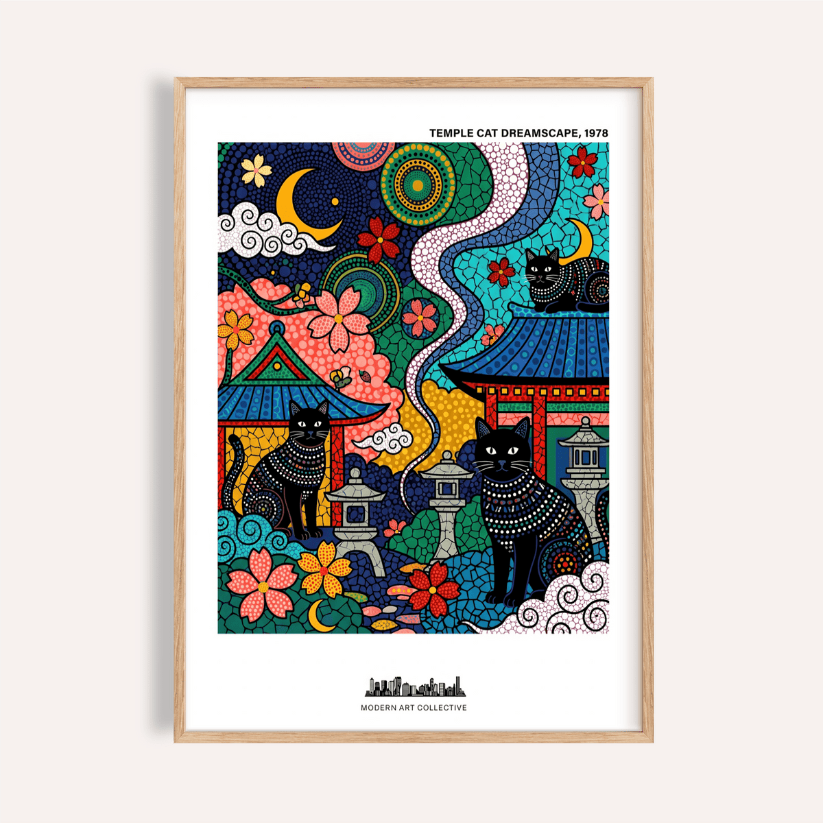 Close-up of Japanese Cat Wall Art showing black temple cats and vibrant folk-art colours