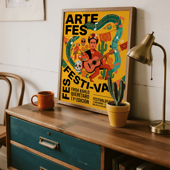 Frida Kahlo Art Print leaning on a wooden sideboard with a green drawer and a small cactus plant