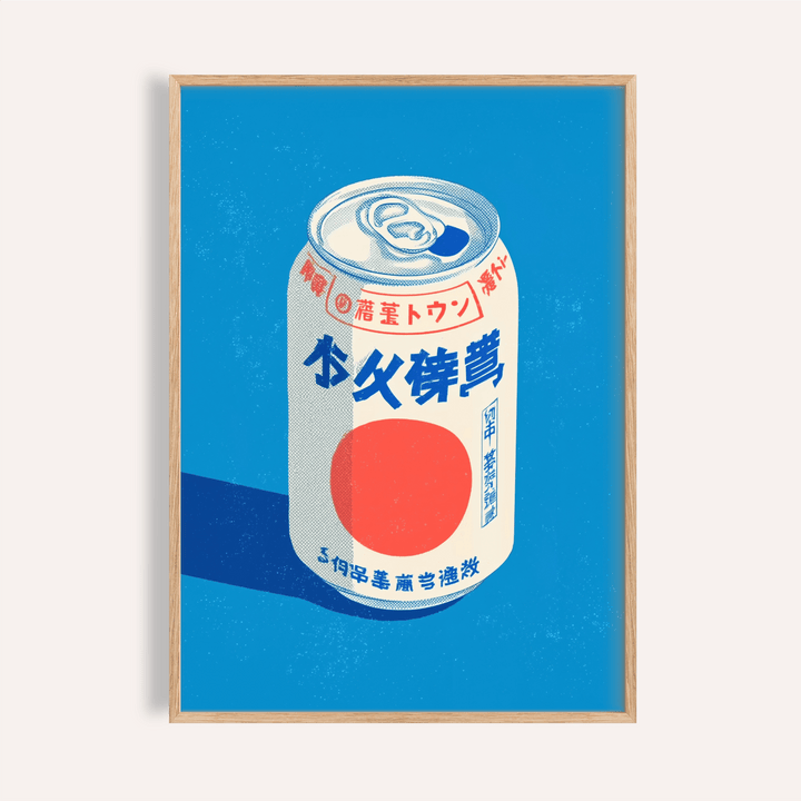 Framed close-up of Japanese Soda Print showing a minimalist soda can illustration with blue and red details