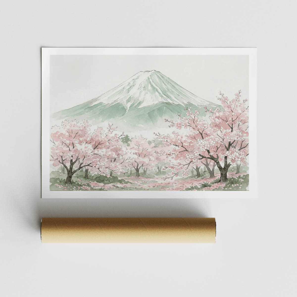 Mount Fuji Print laid next to a brown packaging tube with soft pink and green watercolour tones